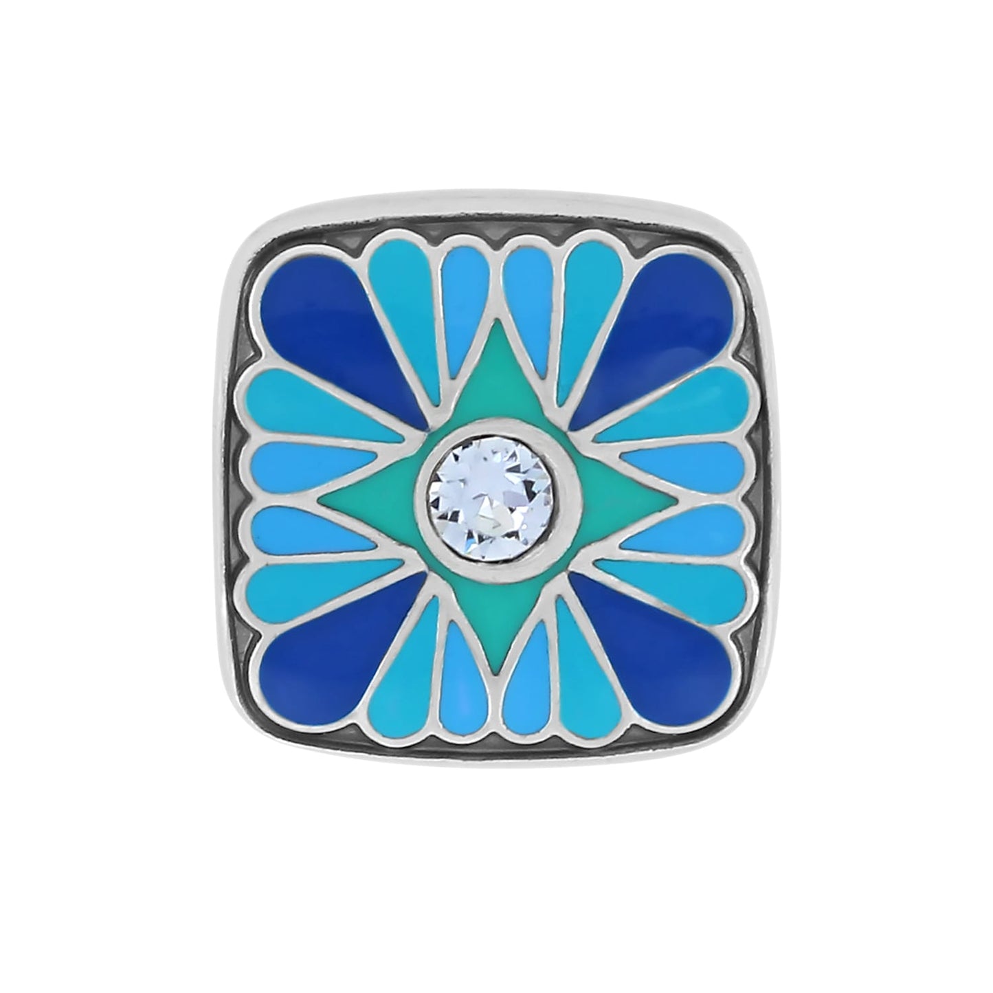 Brighton square charm with blue and turquoise enamel petal design and center crystal on a white background