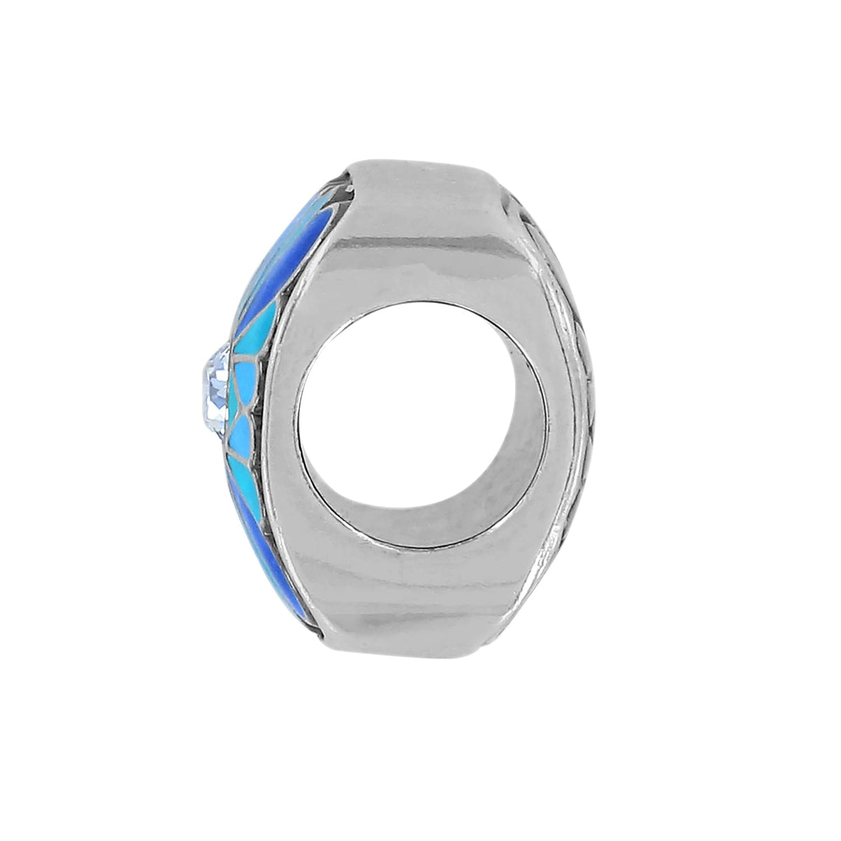 Brighton charm bead with silver-plated finish and blue enamel accents with crystal detail on a white background