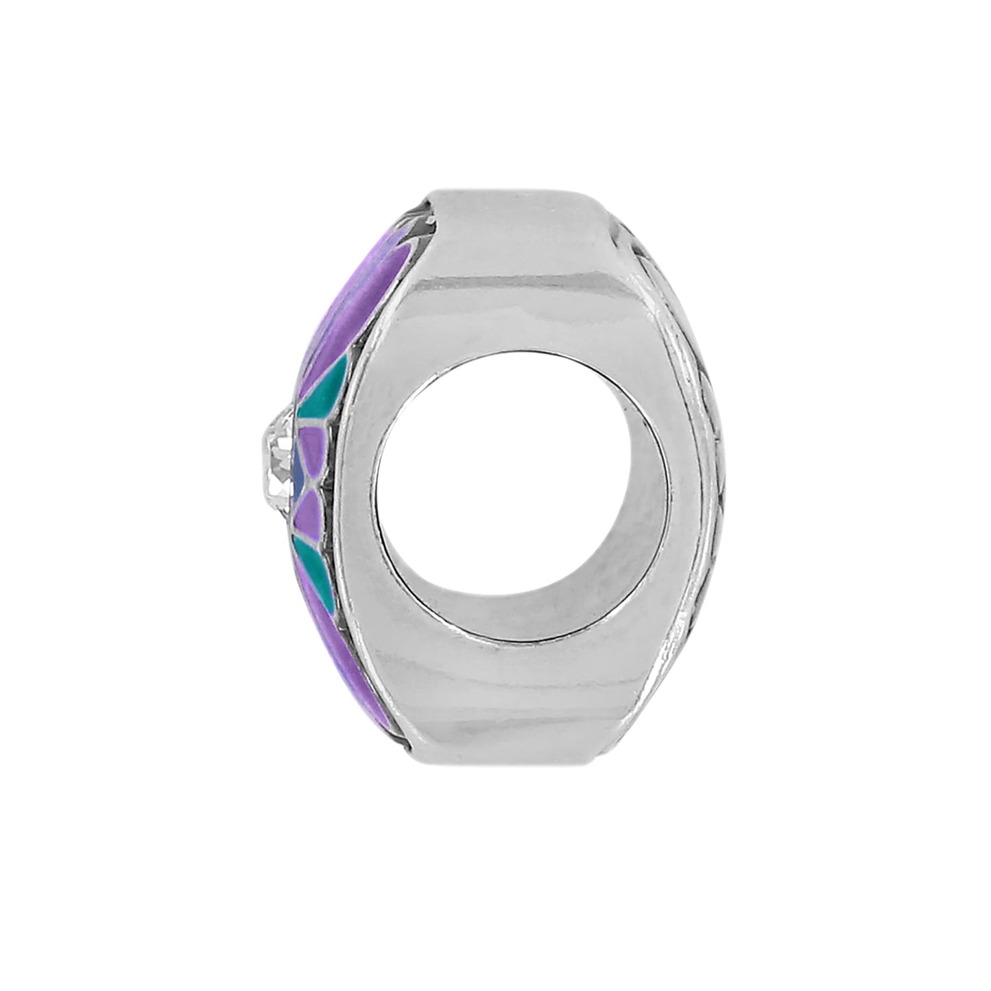 Brighton silver-plated charm shown from the side with purple and teal enamel accents and crystal on a white background