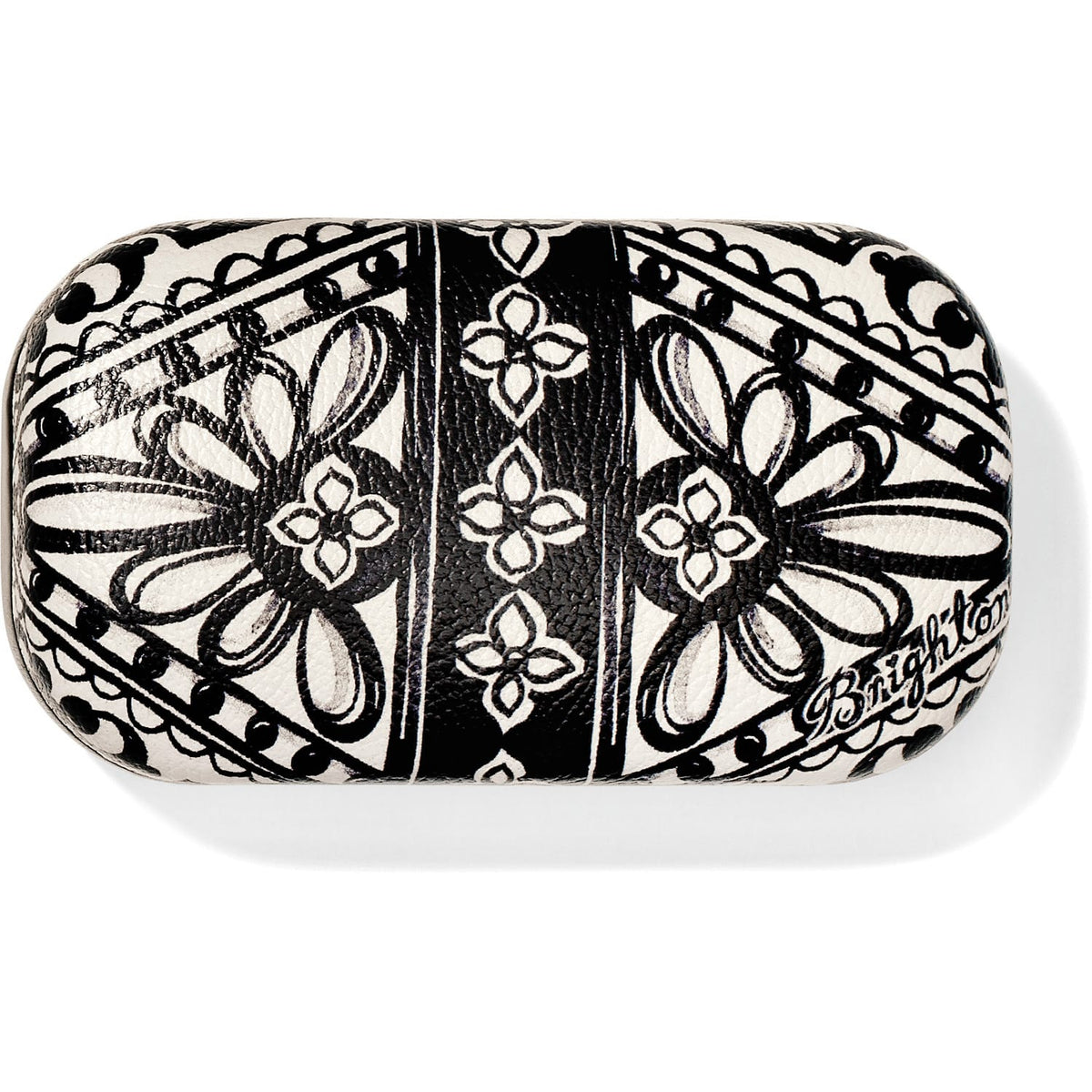 Brighton case with black and white floral and geometric print in a rounded rectangular shape on a white background