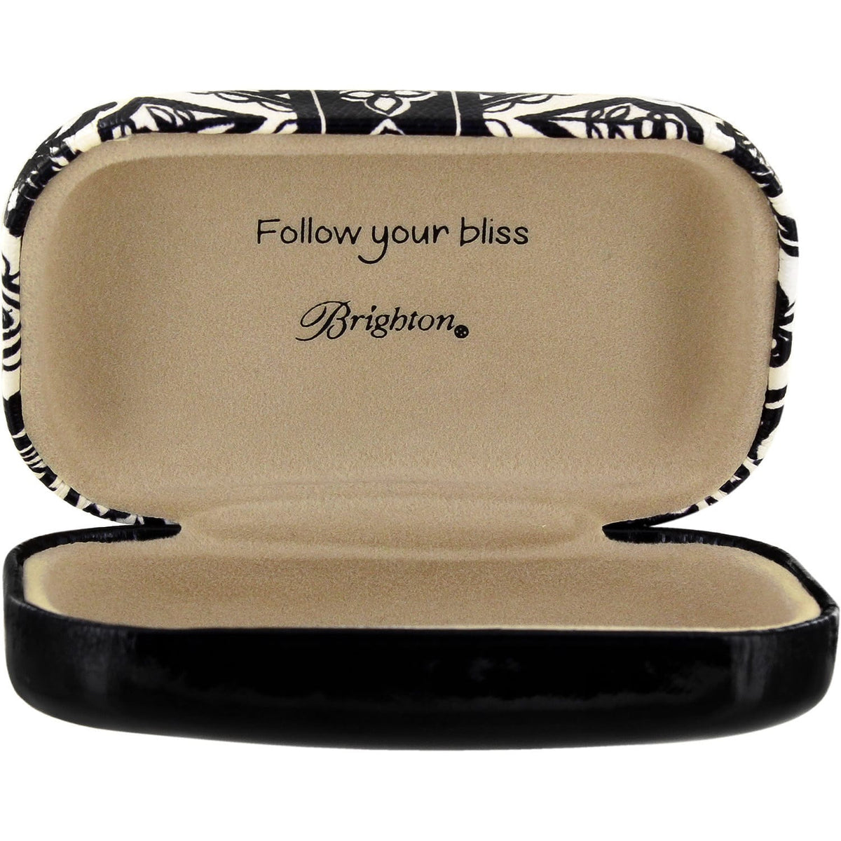 Brighton eyeglass case shown open with tan interior, black and white patterned exterior, and printed logo on a white background