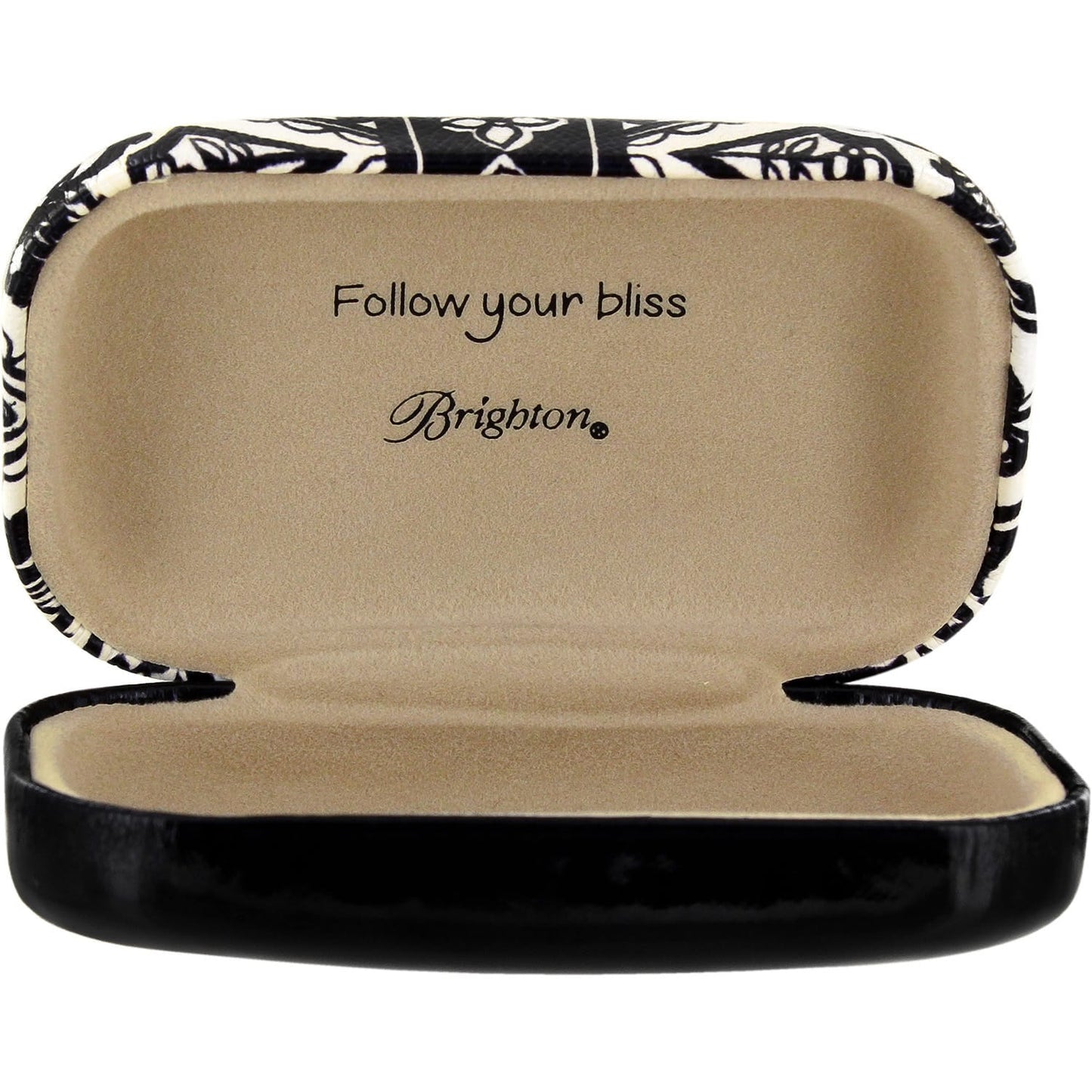 Brighton eyeglass case shown open with tan interior, black and white patterned exterior, and printed logo on a white background