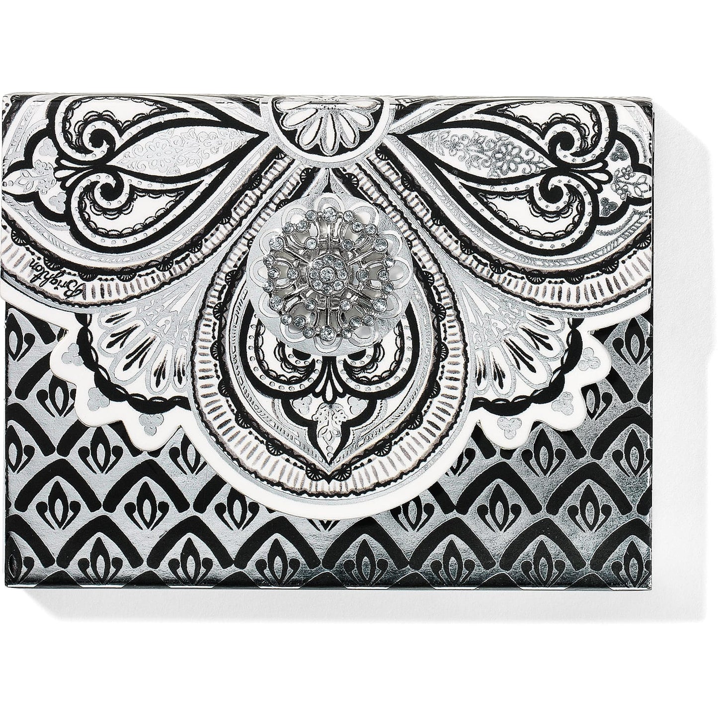 Brighton card case with black and silver ornamental scroll print and crystal medallion accent on a white background