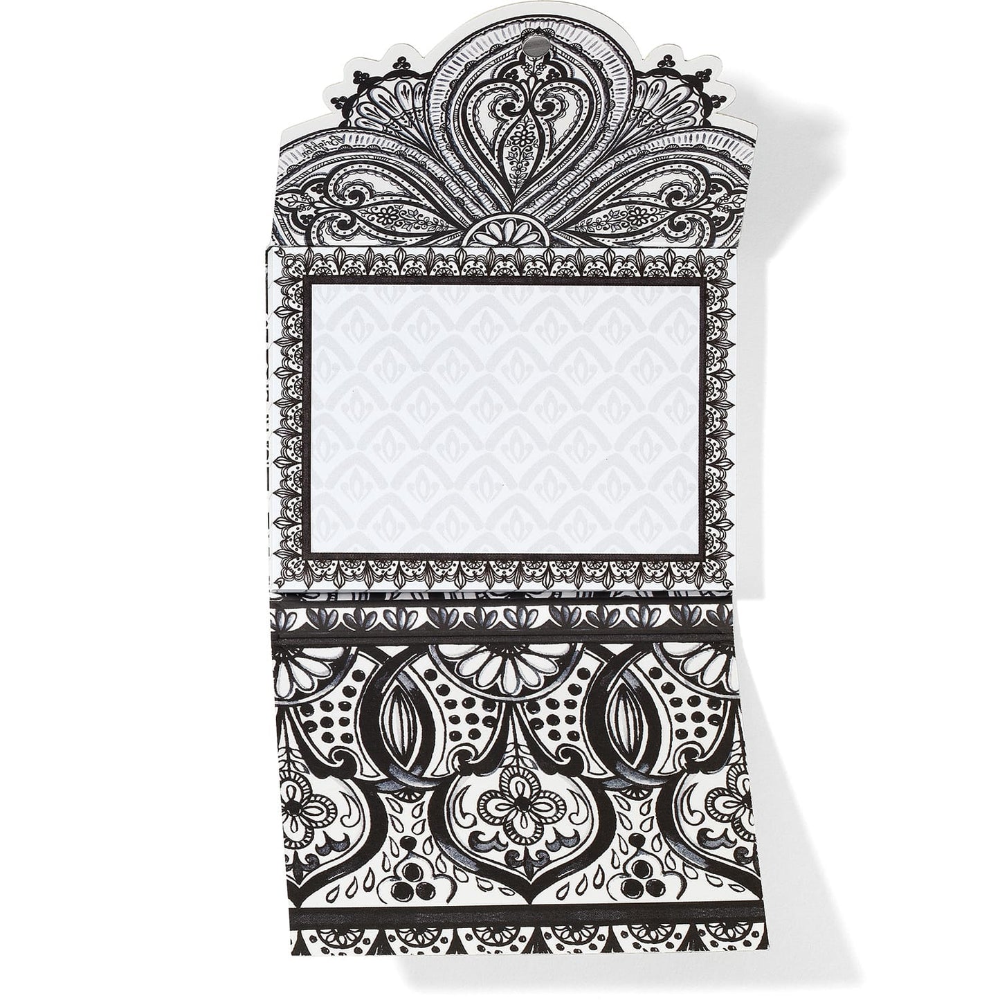Brighton notepad with black and white ornate paisley and floral print and decorative arched top on a white background