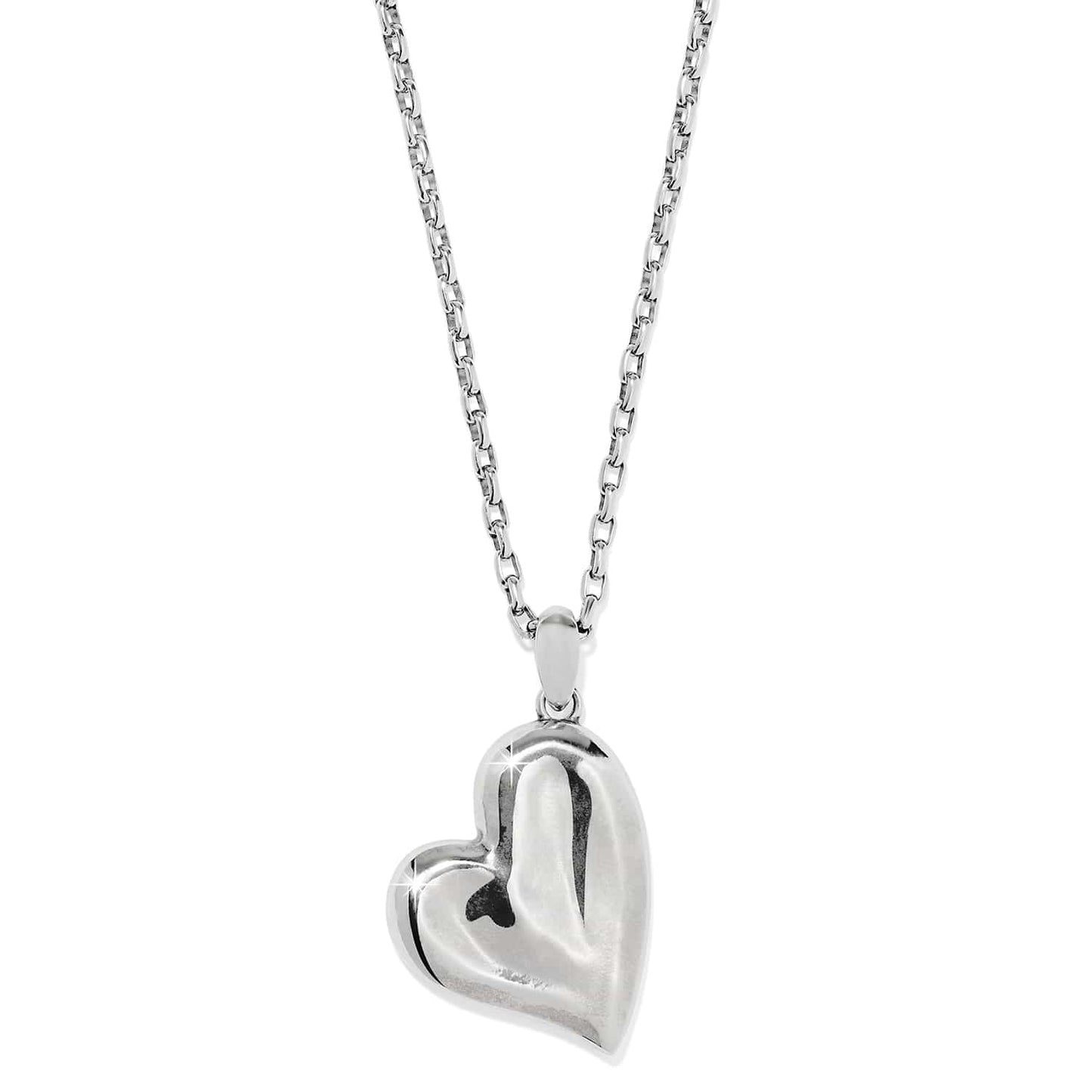 Brighton heart pendant necklace with polished silver-tone puffed heart charm and cable chain on a white background