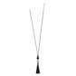 Brighton pendant necklace with wood beads, silver-plated accent, and navy nylon tassel on cord on a white background