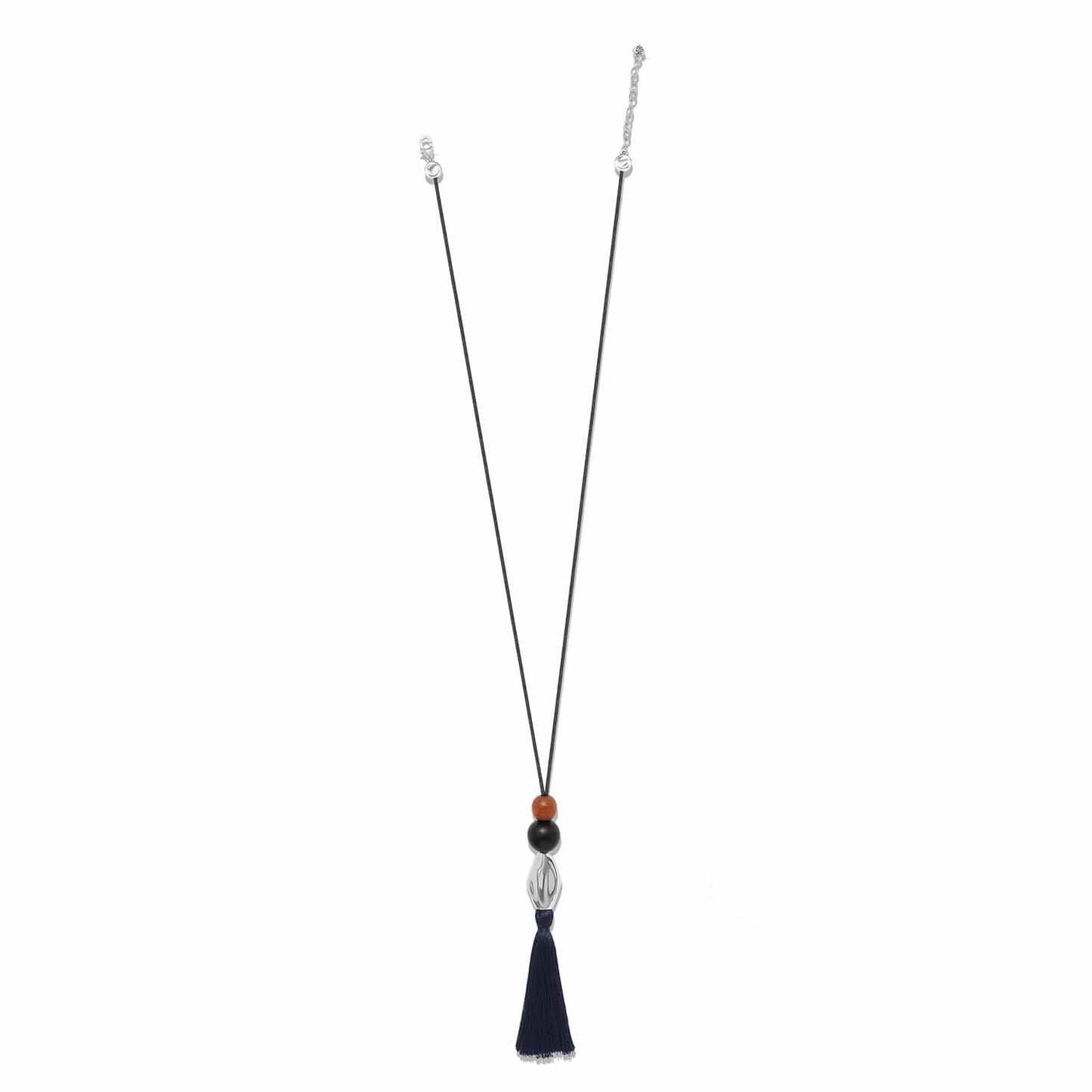 Brighton pendant necklace with wood beads, silver-plated accent, and navy nylon tassel on cord on a white background