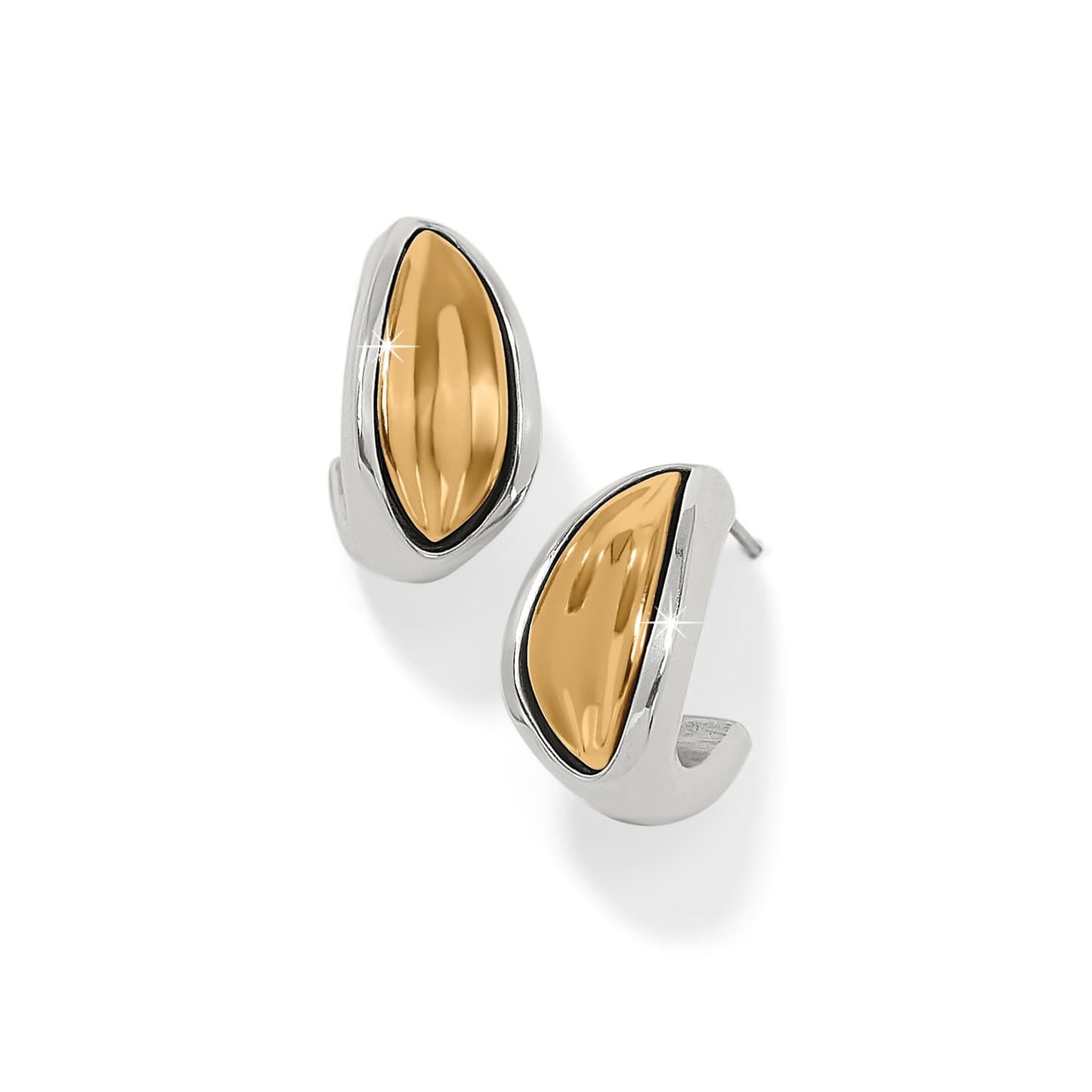 Brighton earrings with two-tone design featuring gold marquise centers and silver-tone curved frames on a white background