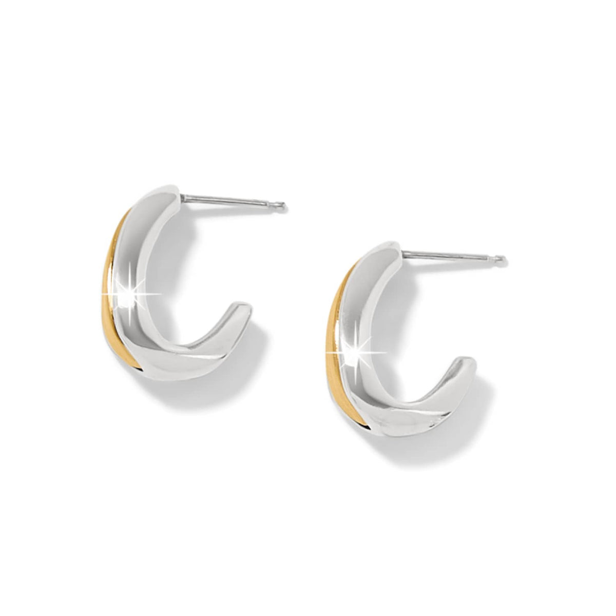 Brighton hoop earrings with two-tone silver and gold curved design and post backs on a white background