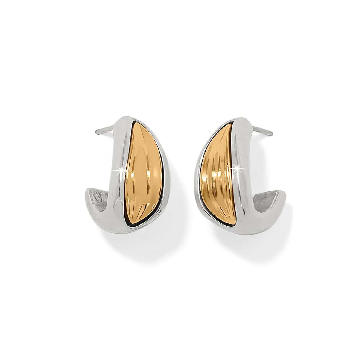 Brighton hoop earrings with two-tone finish featuring silver outer frame and polished gold inner panel on a white background