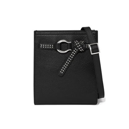 Brighton black pebbled leather crossbody handbag with studded belt detail and silver-tone buckle strap on a white background