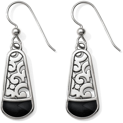 Brighton drop earrings with silver-tone scrollwork pattern and faceted black stone accents on a white background