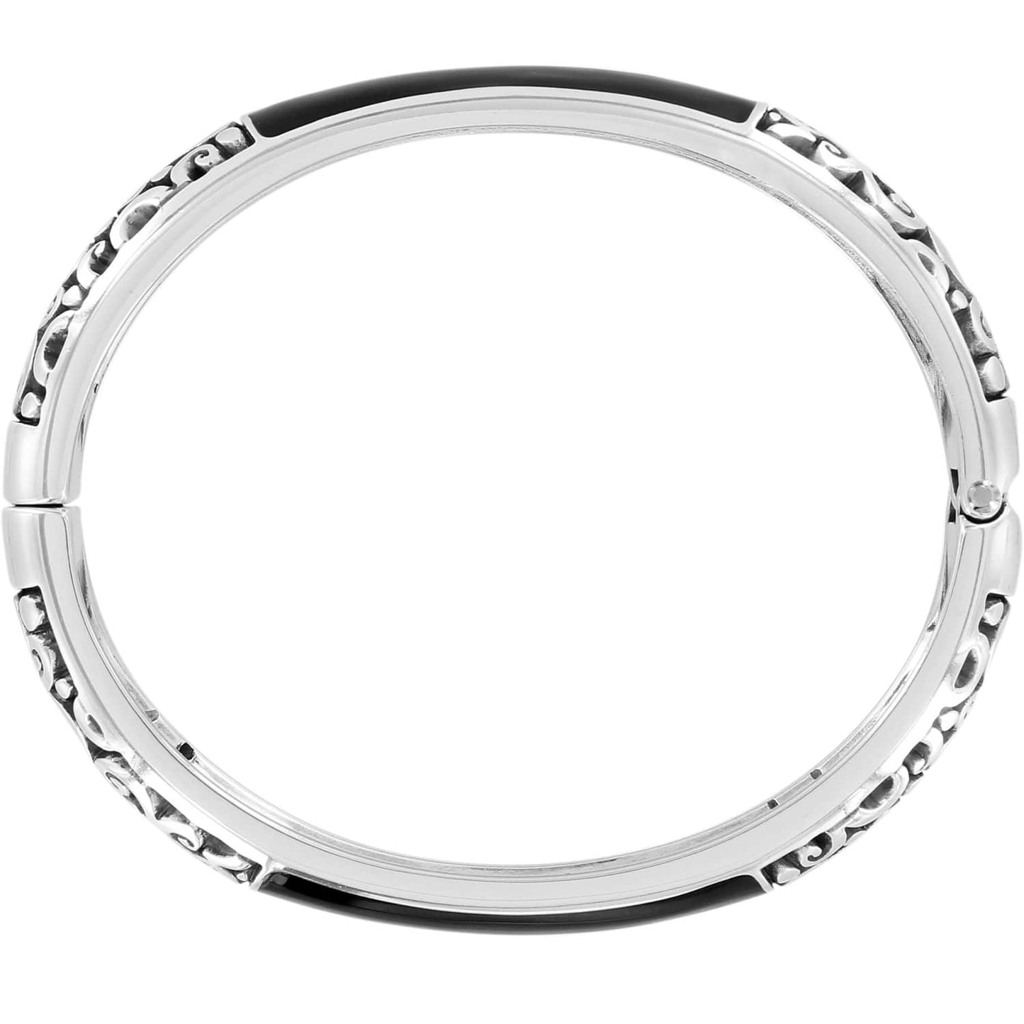 Brighton hinged bangle bracelet with silver-plated scroll details and black enamel accents on a white background