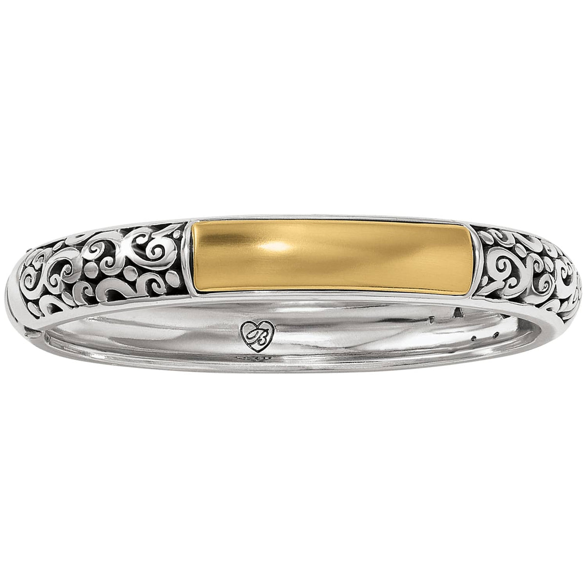 Brighton bangle bracelet with silver-plated scroll details and gold-plated center bar on a white background