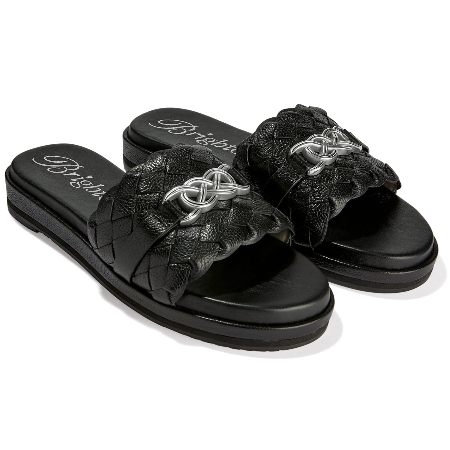 Brighton slide sandals with black woven leather straps and silver-tone knot hardware accent on a white background