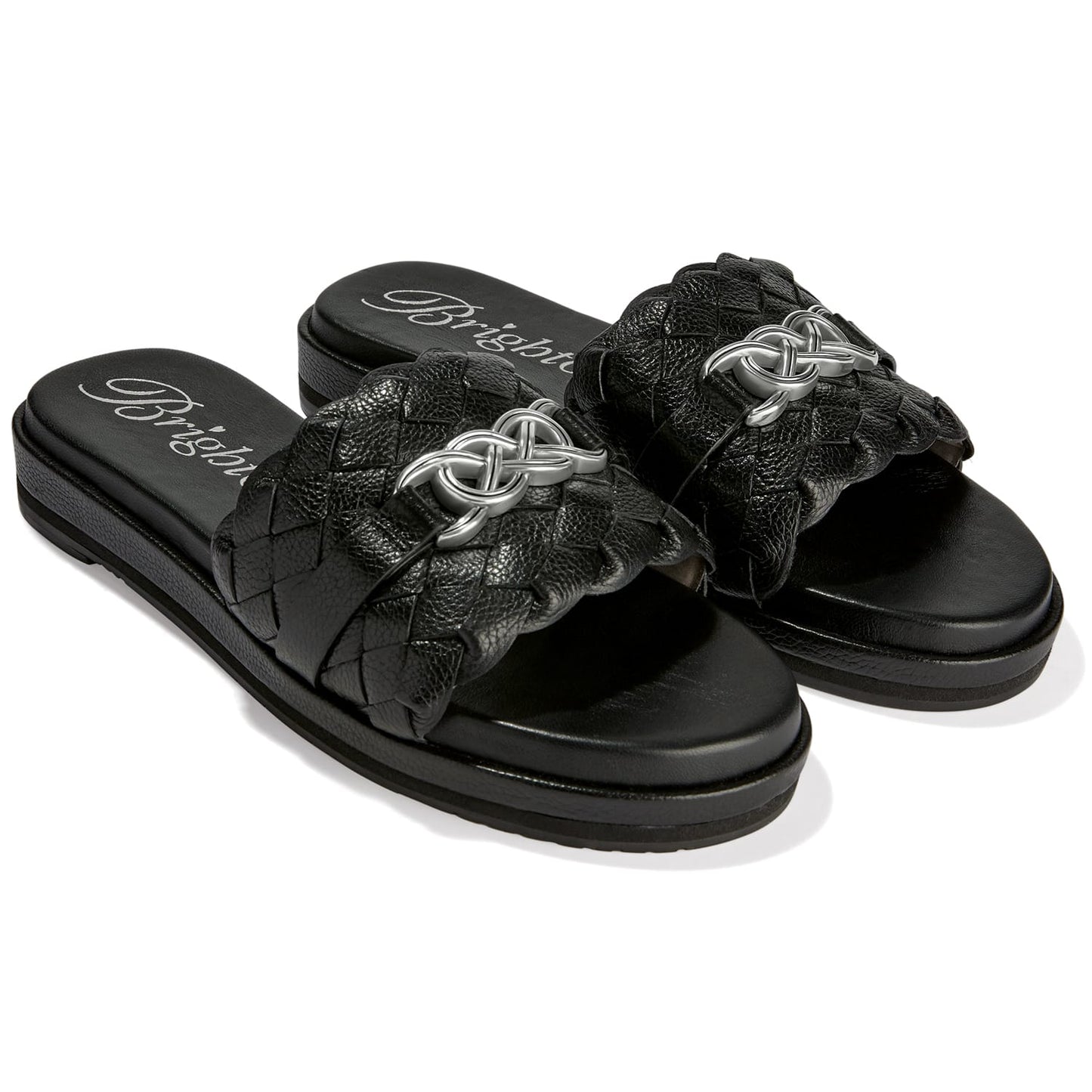Brighton slide sandals with black woven leather straps and silver-tone knot hardware accent on a white background