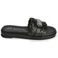 Brighton slide sandal with black woven leather strap, silver-tone hardware accent, and cushioned footbed on a white background