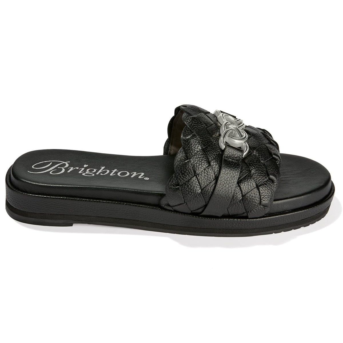 Brighton slide sandal with black woven leather strap, silver-tone hardware accent, and cushioned footbed on a white background