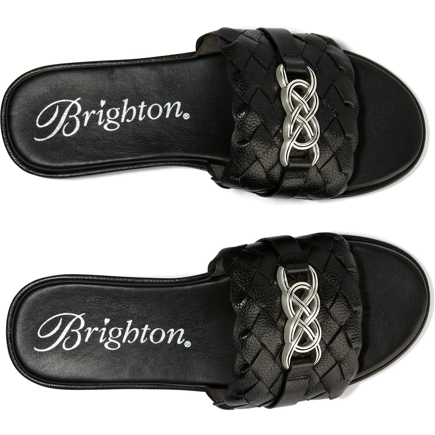 Brighton black braided leather slide sandals with silver-tone interlocking knot ornament on a white background