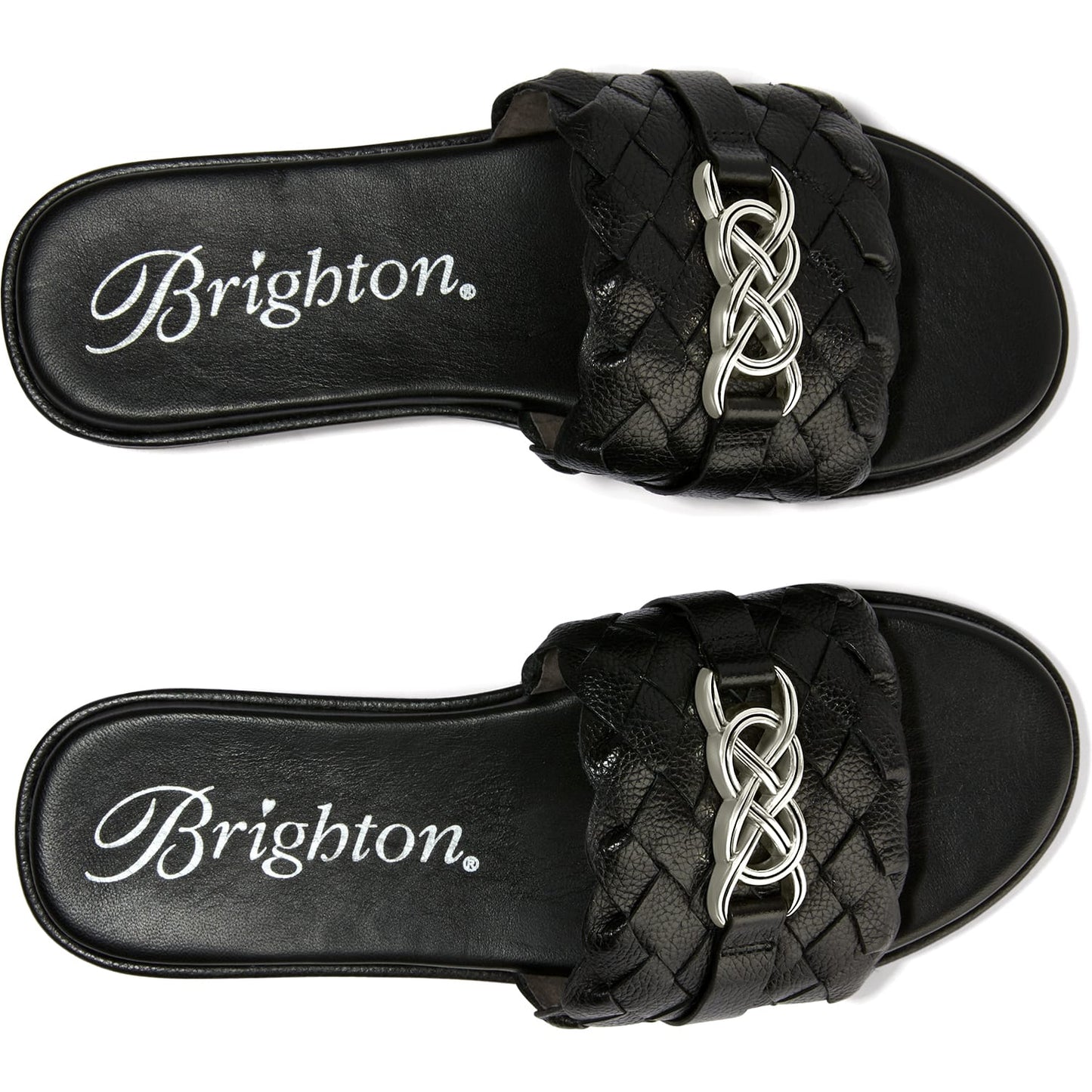 Brighton black braided leather slide sandals with silver-tone interlocking knot ornament on a white background