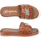 Brighton slide sandals with woven brown leather straps and silver-tone knot accent shown from above and side on a white background