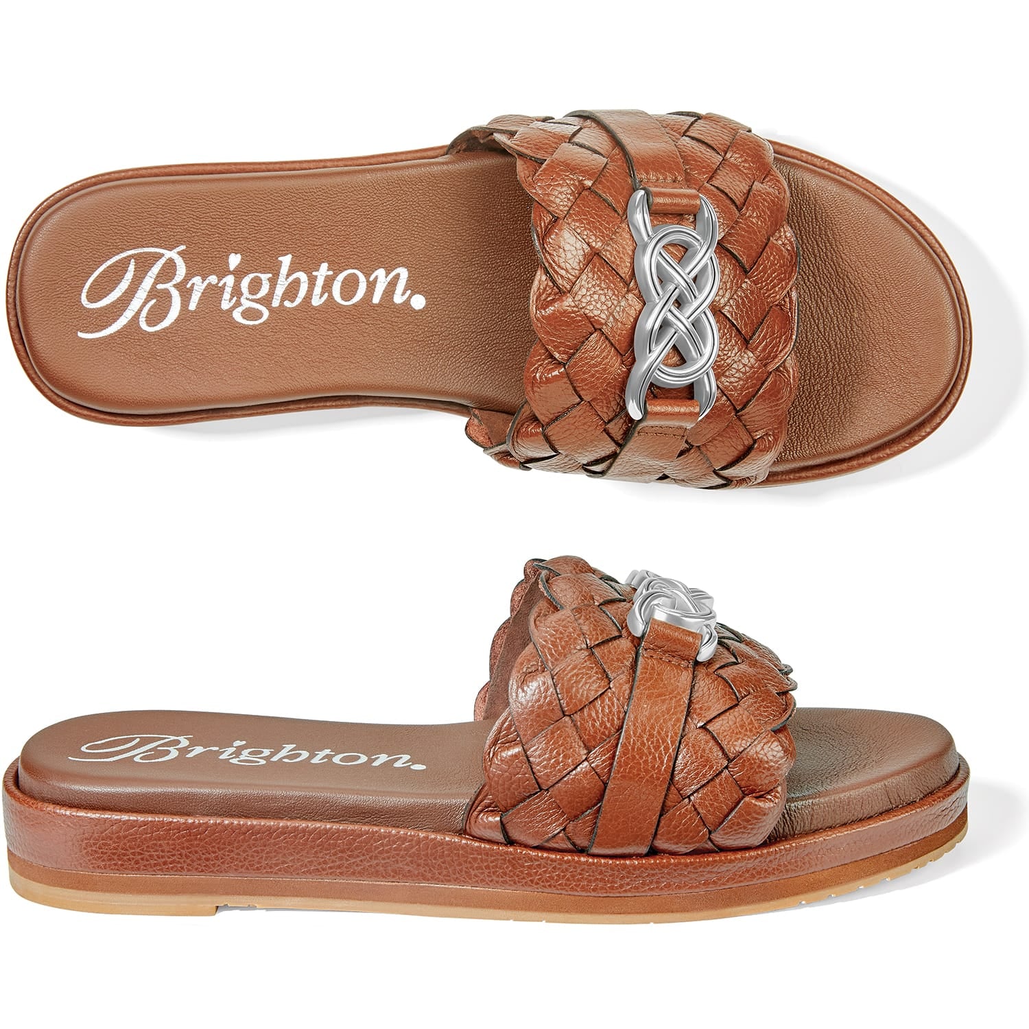 Brighton slide sandals with woven brown leather straps and silver-tone knot accent shown from above and side on a white background
