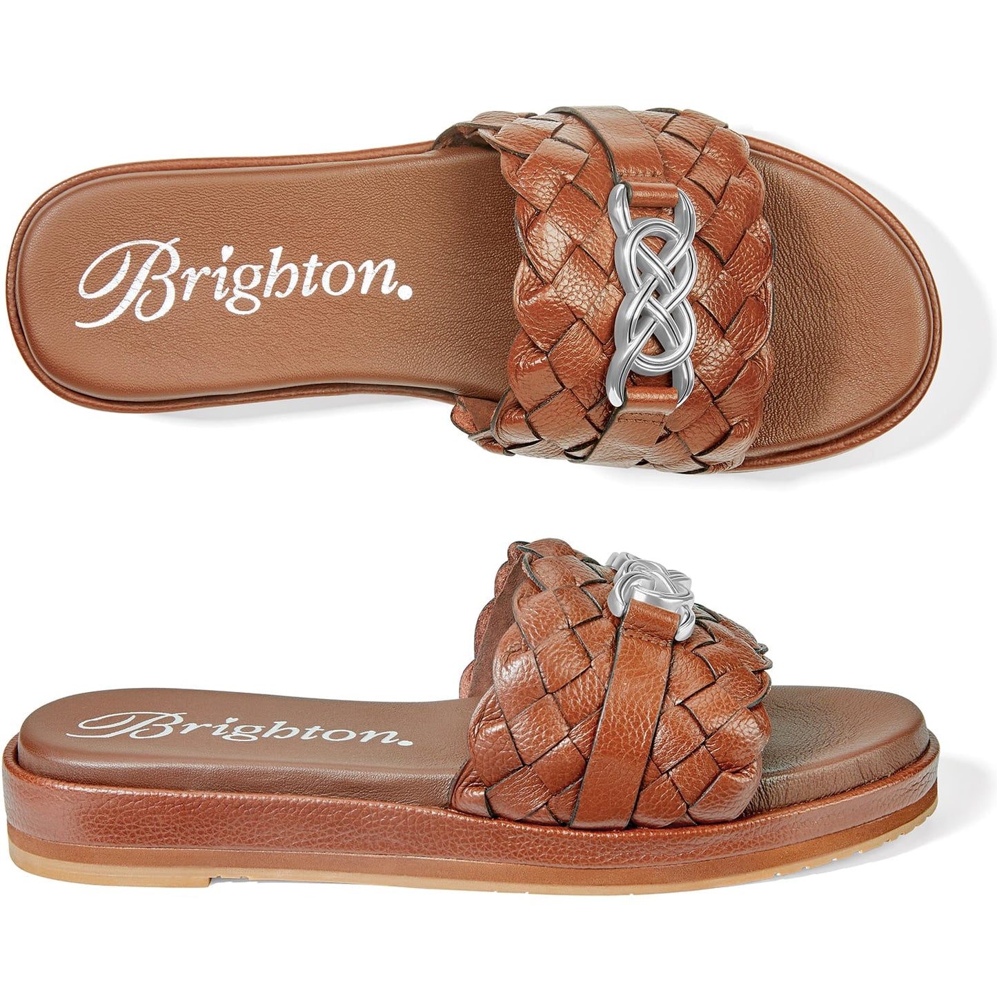 Brighton slide sandals with woven brown leather straps and silver-tone knot accent shown from above and side on a white background