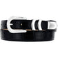 Brighton black leather belt with crocodile embossed texture and silver-tone buckle set on a white background