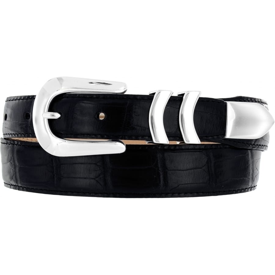 Brighton black leather belt with crocodile embossed texture and silver-tone buckle set on a white background