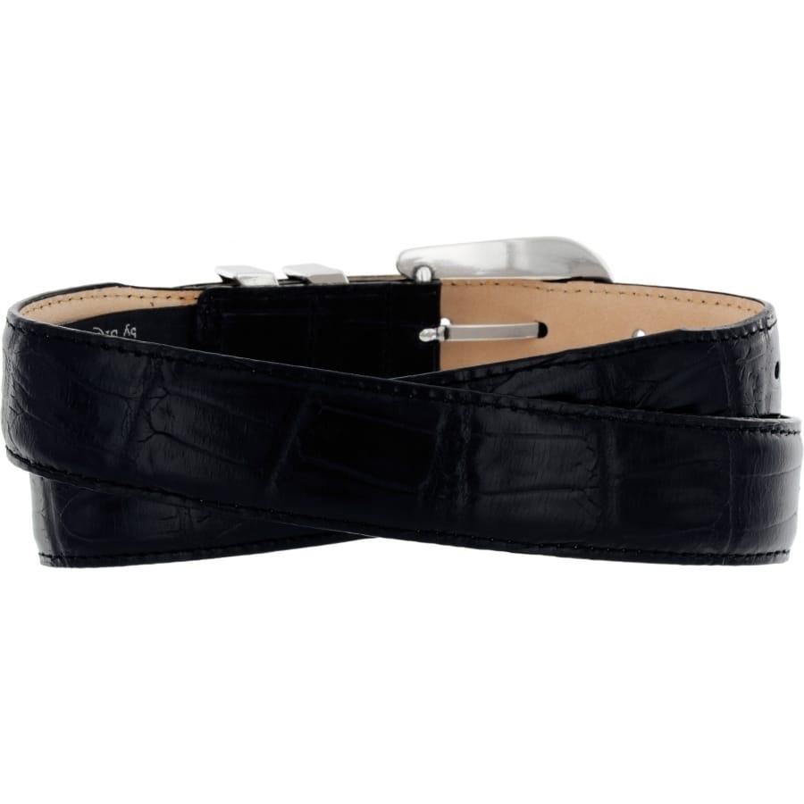 Brighton black leather belt with crocodile-embossed texture and silver-tone buckle coiled on a white background