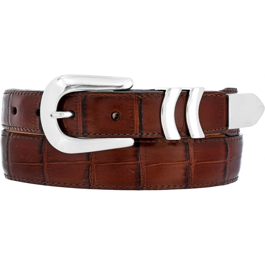 Brighton belt in brown croc-embossed leather with silver-tone buckle and keeper loops on a white background