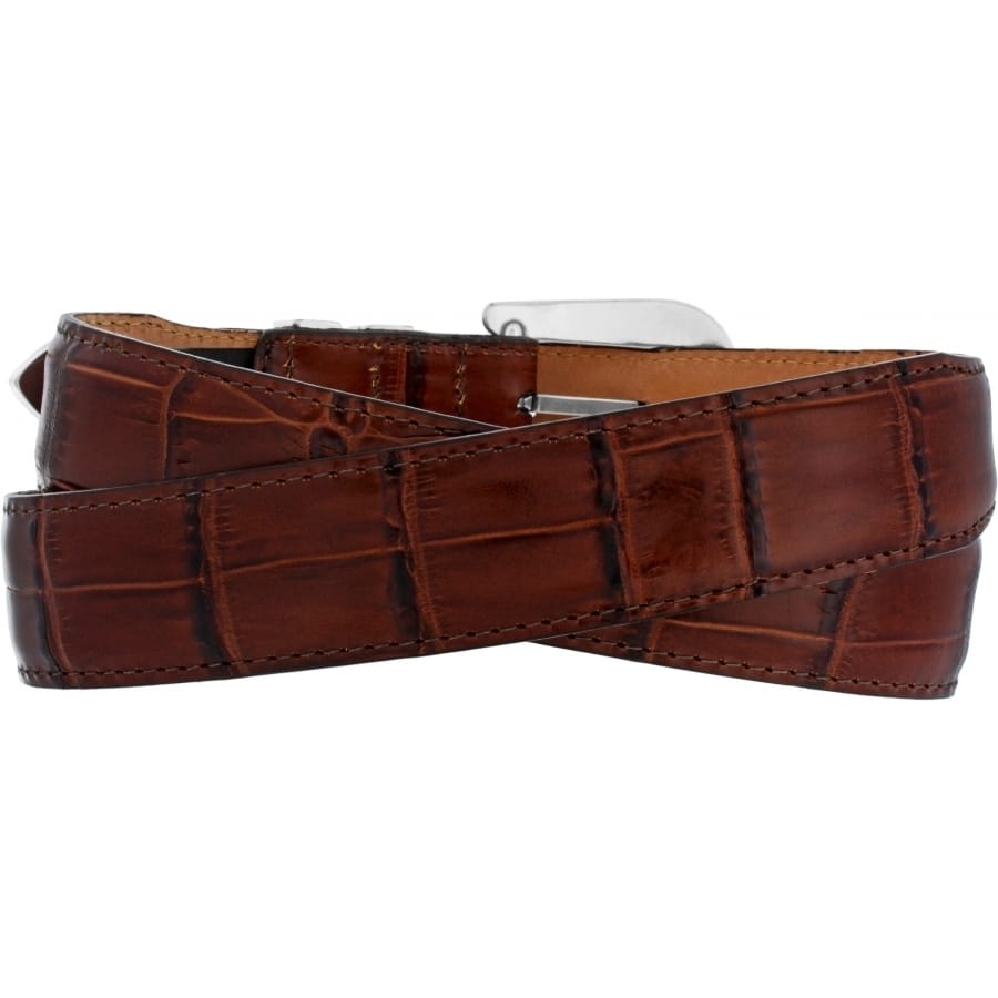 Brighton belt in brown crocodile-embossed leather with silver-tone buckle and contrast stitching on a white background