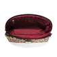 Brighton leopard print cosmetic bag shown open with burgundy satin lining and interior zip pocket on a white background