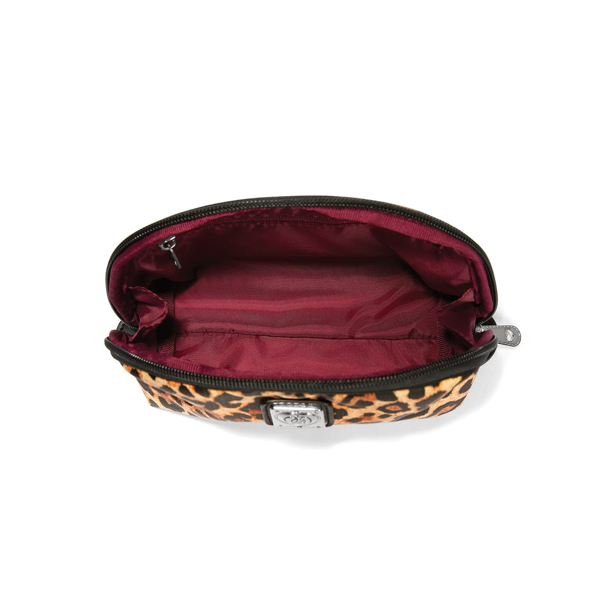 Brighton leopard print pouch shown open with burgundy fabric interior lining and zip closure on a white background