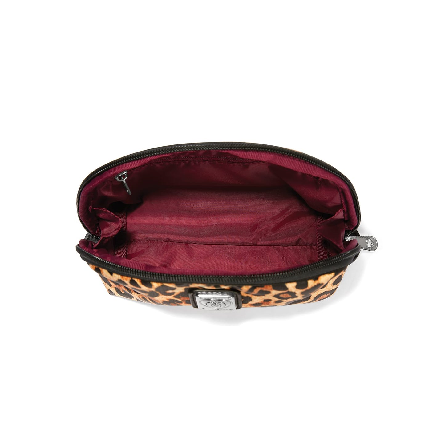Brighton leopard print pouch shown open with burgundy fabric interior lining and zip closure on a white background