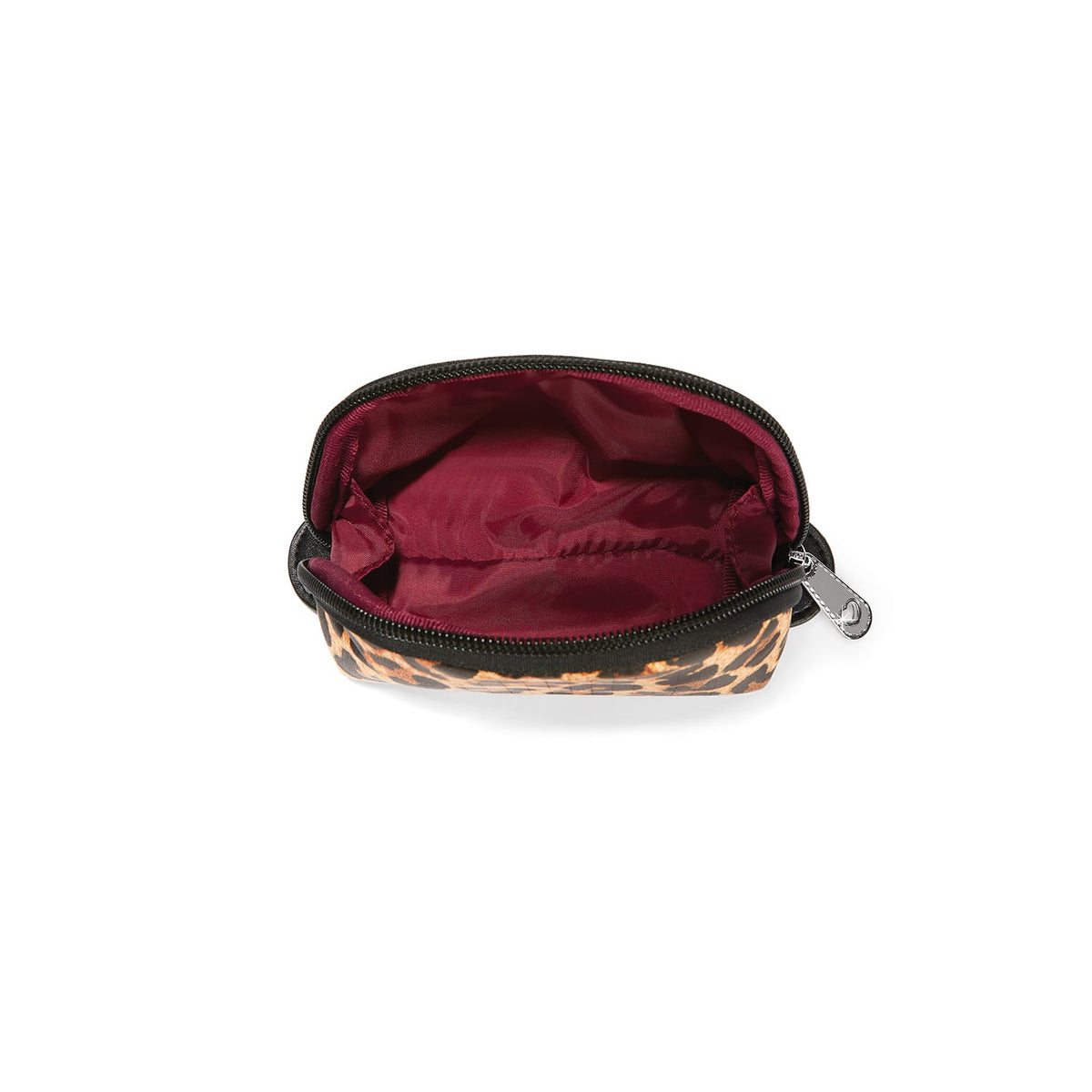 Brighton leopard print pouch shown open with burgundy satin lining and black zipper closure on a white background