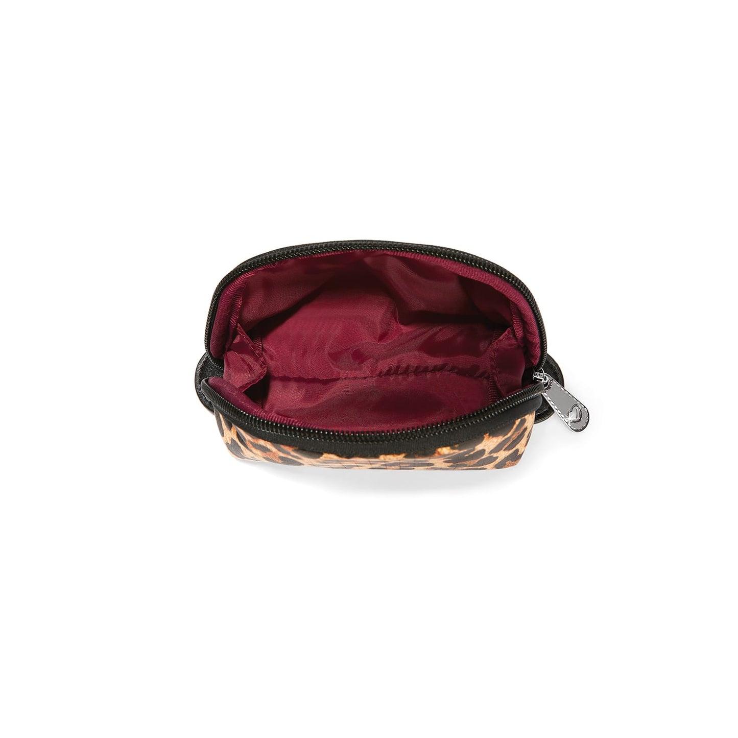 Brighton leopard print pouch shown open with burgundy satin lining and black zipper closure on a white background