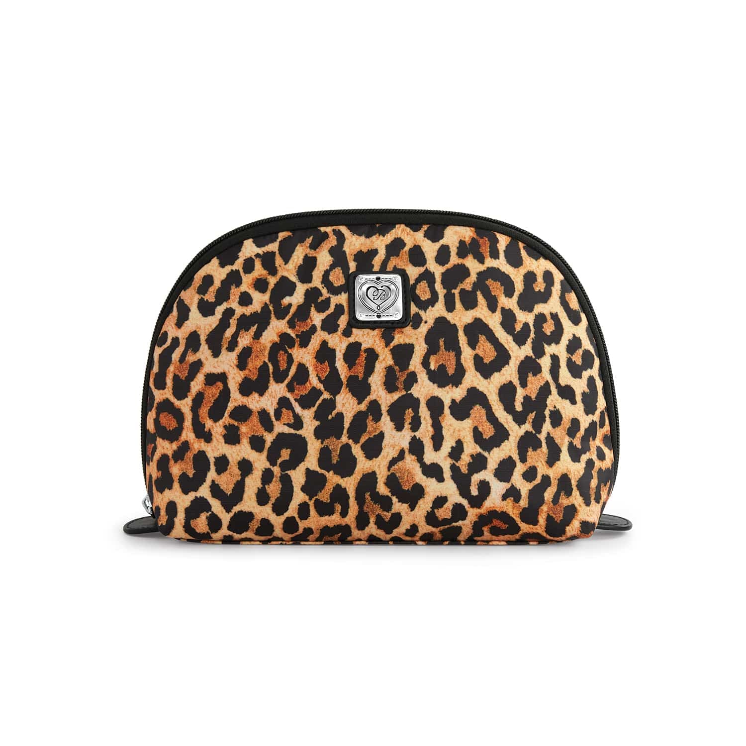 Brighton cosmetic pouch with leopard print, black zipper trim, and silver-tone heart logo plate on a white background