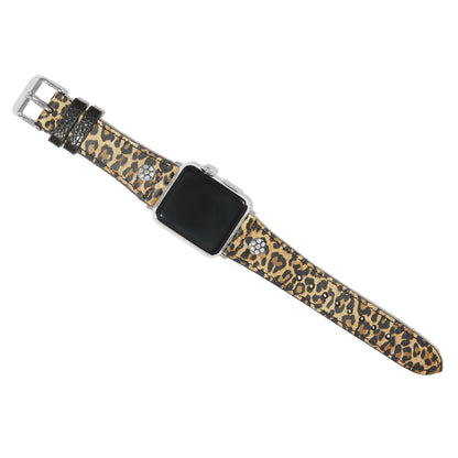 Brighton leather watch band with leopard print, silver-plated buckle, and stud accents on a white background