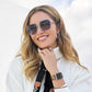 Model wearing Brighton square silver-plated sunglasses with beaded temple detail and coordinating Brighton accessories