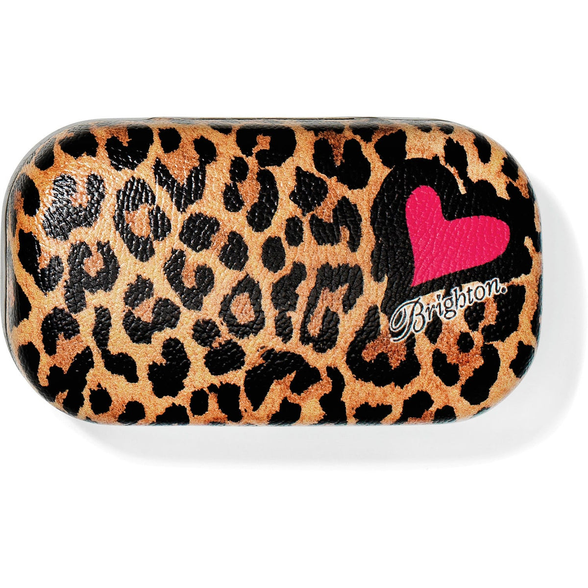 Brighton case with leopard print pattern and pink heart graphic featuring script logo on a white background