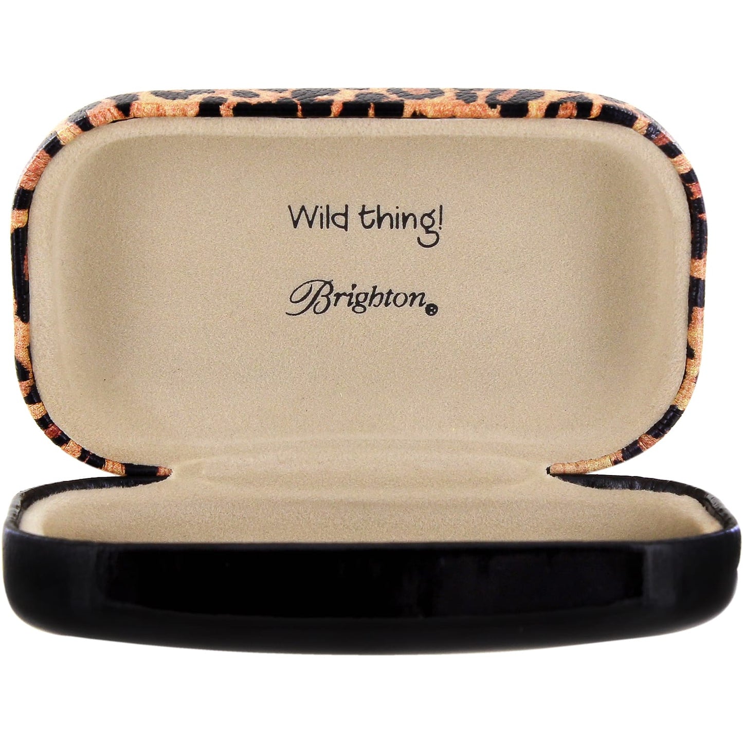 Brighton eyeglass case shown open with leopard print exterior and cream interior printed Wild thing on a white background