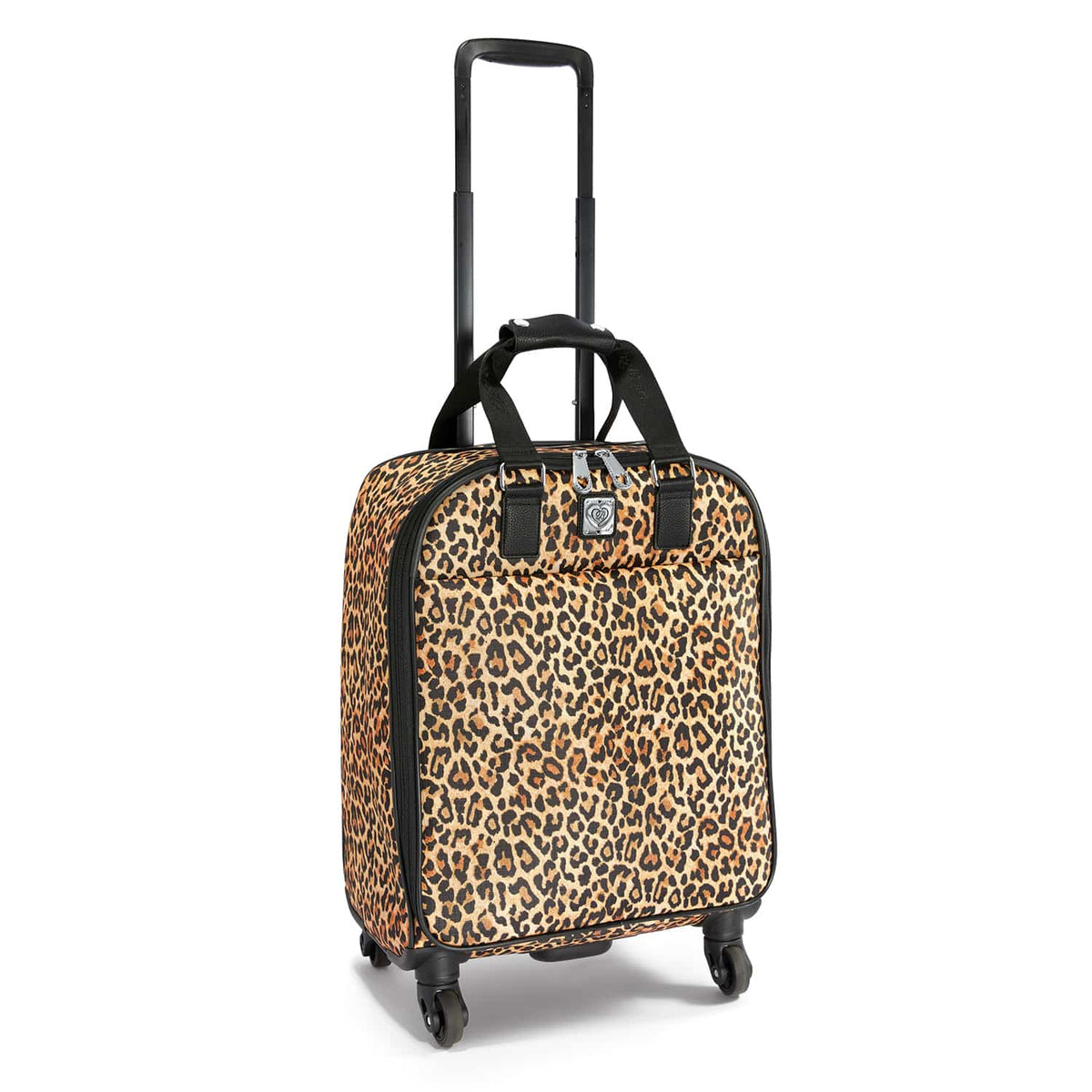 Brighton rolling luggage with leopard print, black trim, retractable handle, and four spinner wheels on a white background