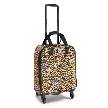 Brighton rolling luggage with leopard print, black trim, retractable handle, and four spinner wheels on a white background
