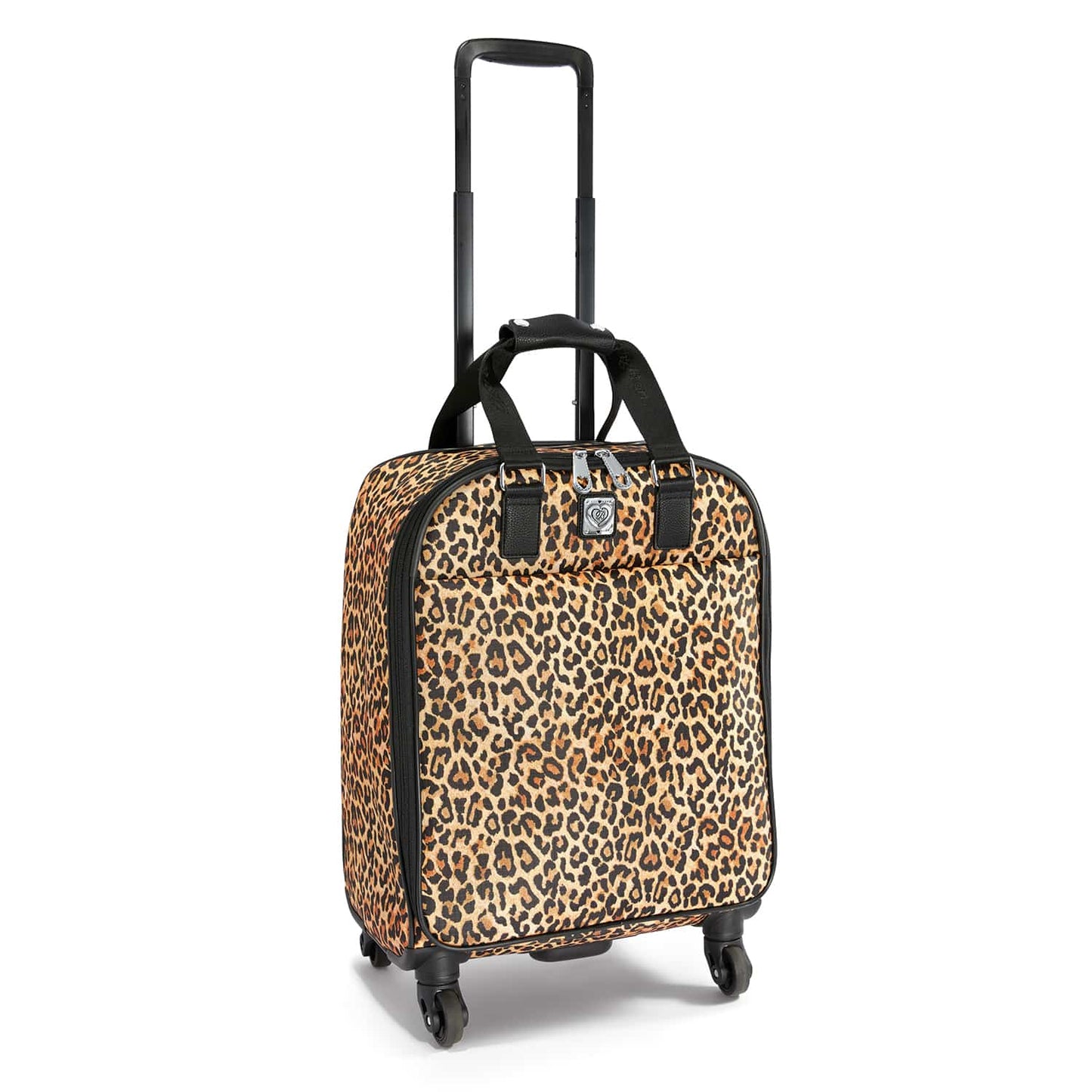 Brighton rolling luggage with leopard print, black trim, retractable handle, and four spinner wheels on a white background