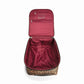 Brighton leopard print luggage shown open with burgundy fabric interior, zip pockets, and ID window on a white background
