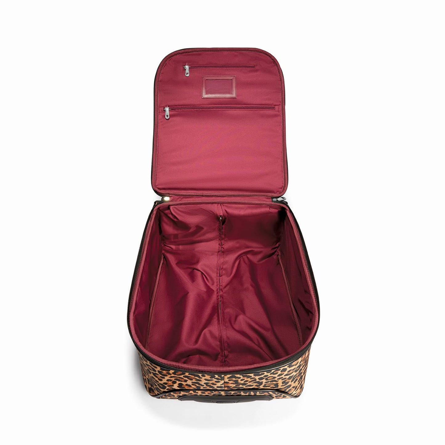 Brighton leopard print luggage shown open with burgundy fabric interior, zip pockets, and ID window on a white background