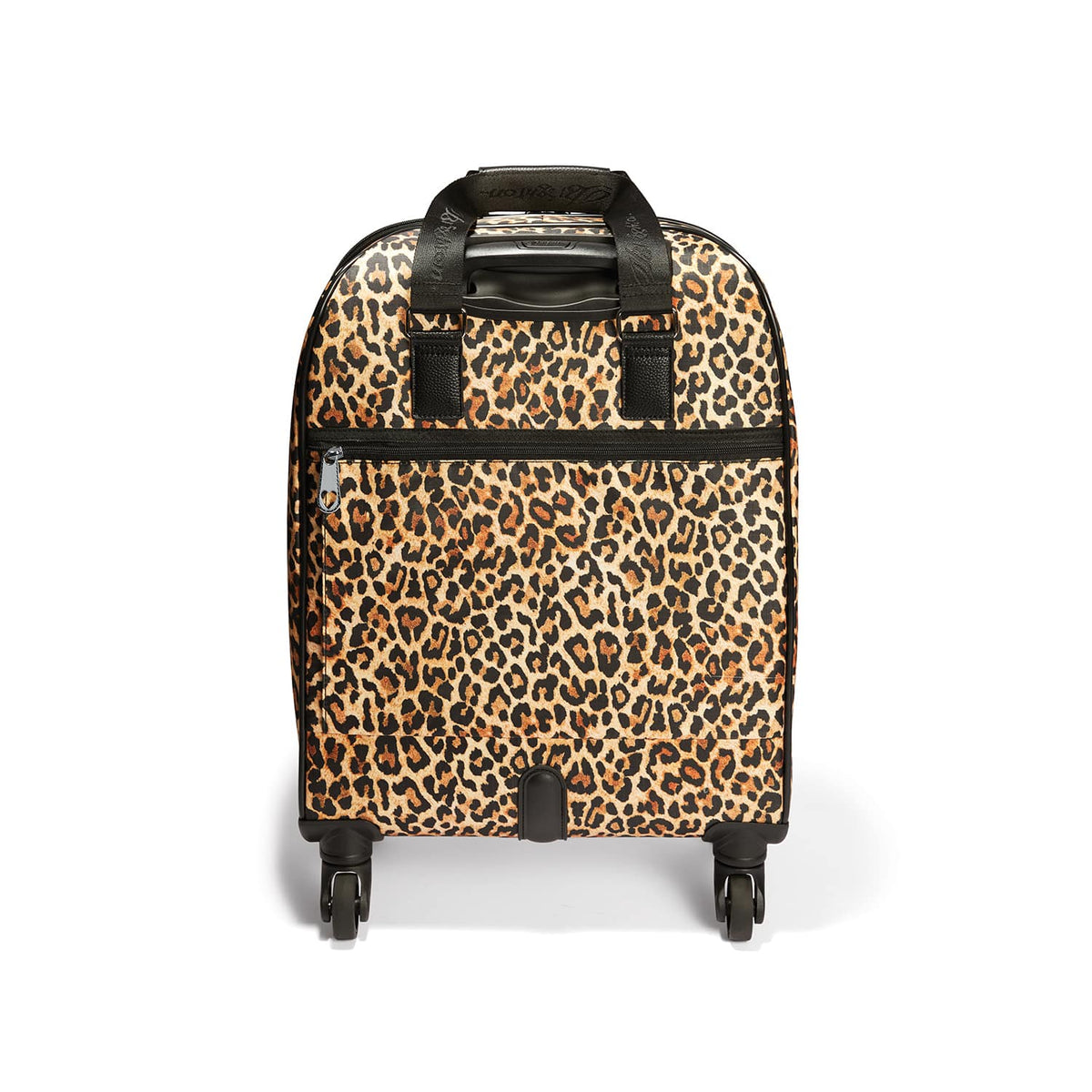 Brighton rolling luggage shown from the back with leopard print, black top handles, zip pocket, and spinner wheels on a white background