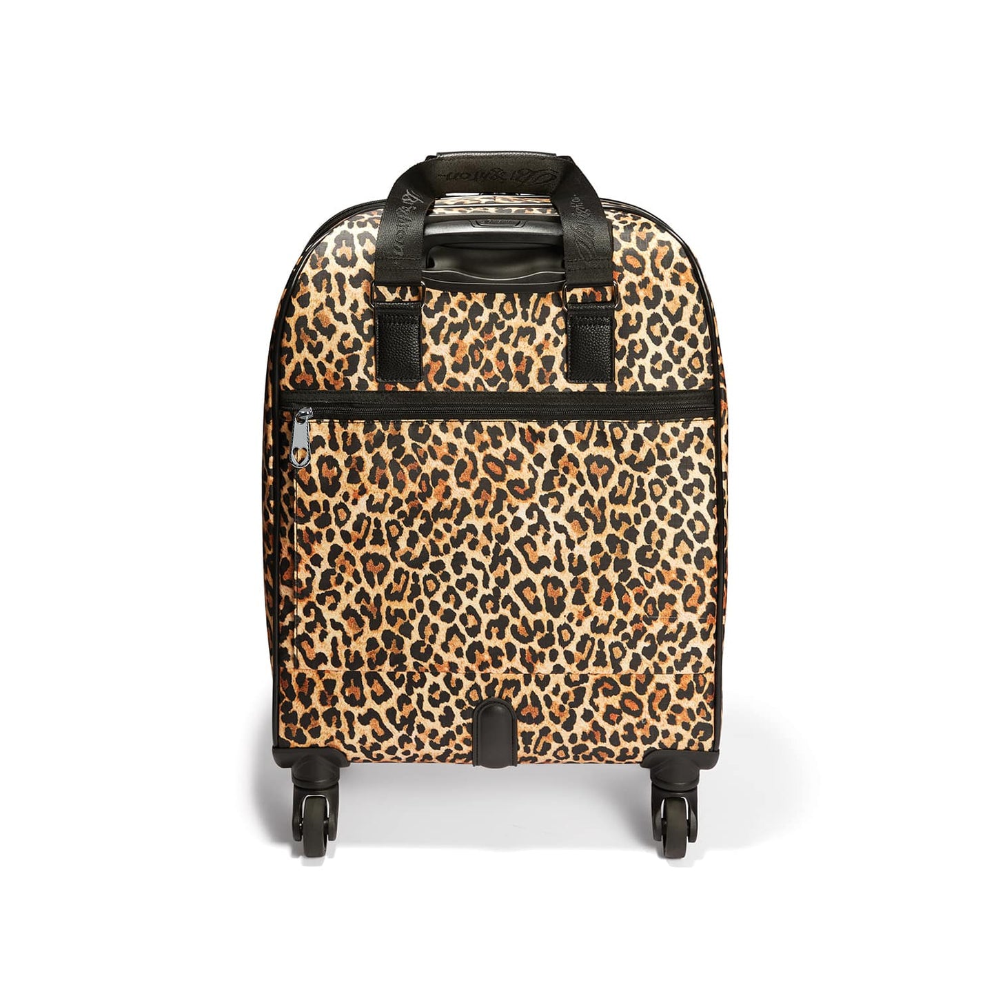 Brighton rolling luggage shown from the back with leopard print, black top handles, zip pocket, and spinner wheels on a white background