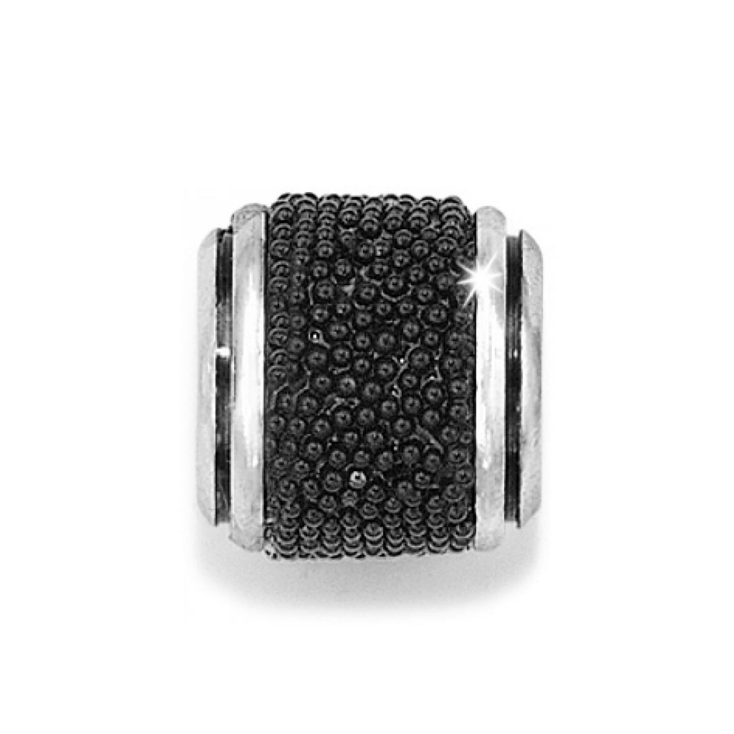 Brighton bead charm with textured black beaded center and silver-plated side rails on a white background
